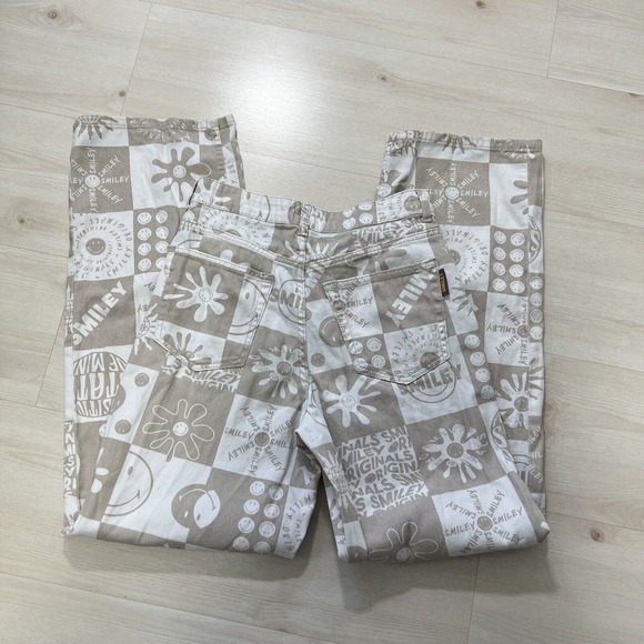 Smiley X H&M Denim Pants Women Size 2 High Rise Wide Leg Beige All Over Print - Picture 10 of 14